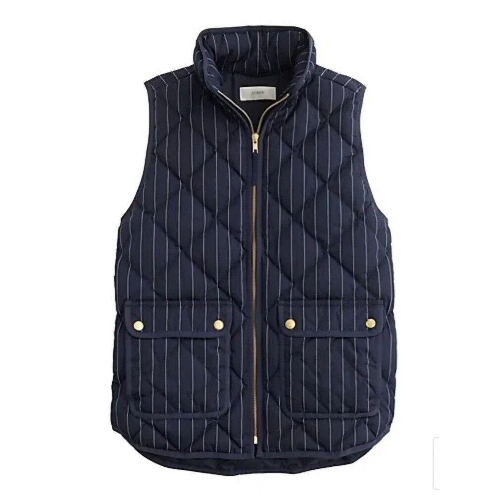 J Crew Navy Blue Stripe Vest Preppy Down Feathers Quilted Puffer Women's XXS